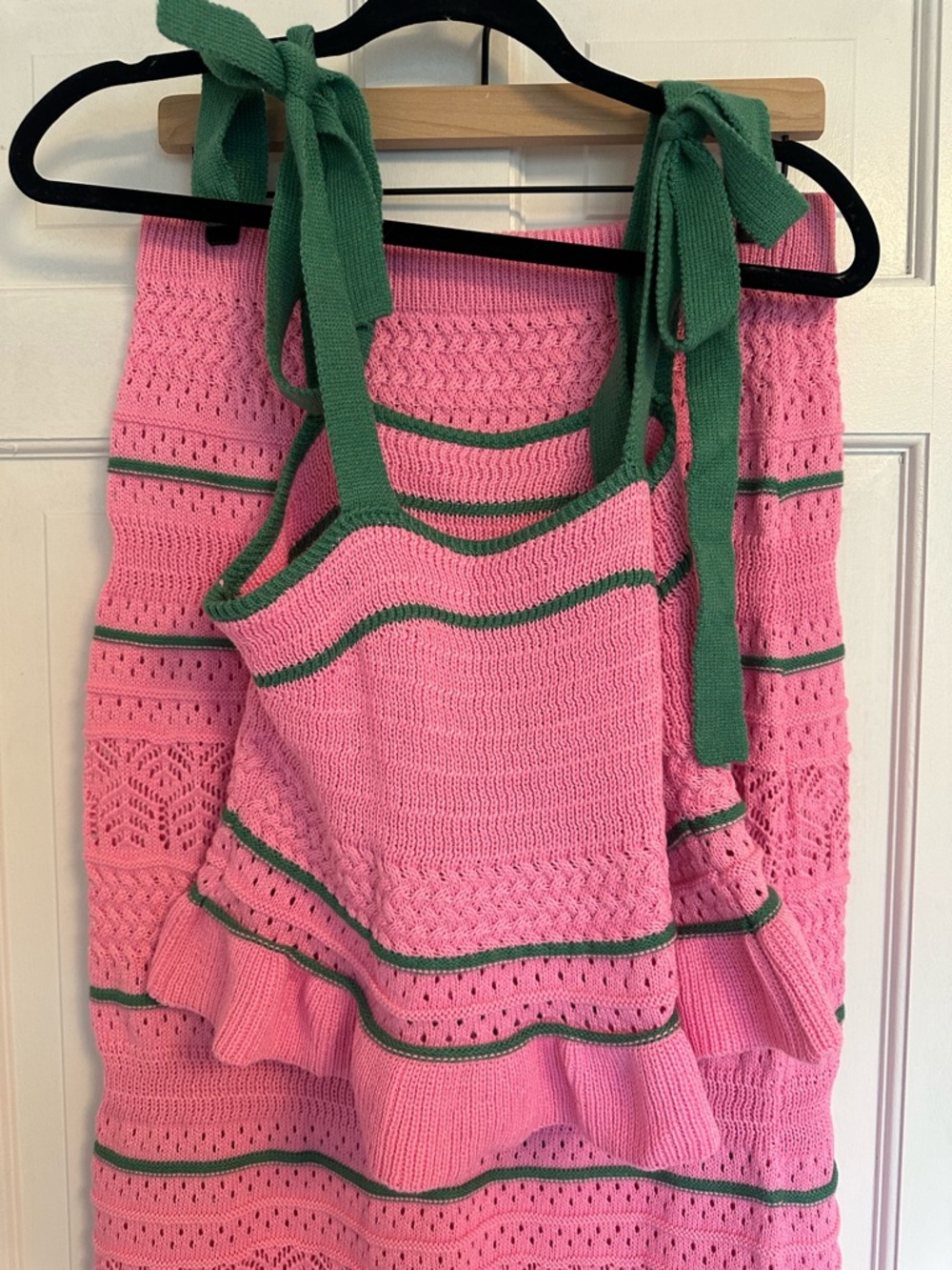 Pink Knit Tie-Shoulder Two-Piece Set with Green Trim